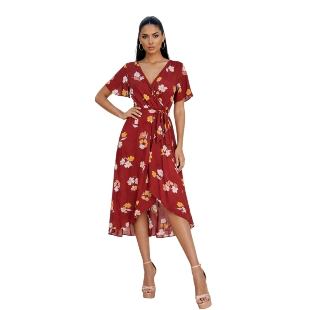 Luxology Burgundy Floral Wrap Maxi Dress Size 12 Short Sleeve Tie Waist.